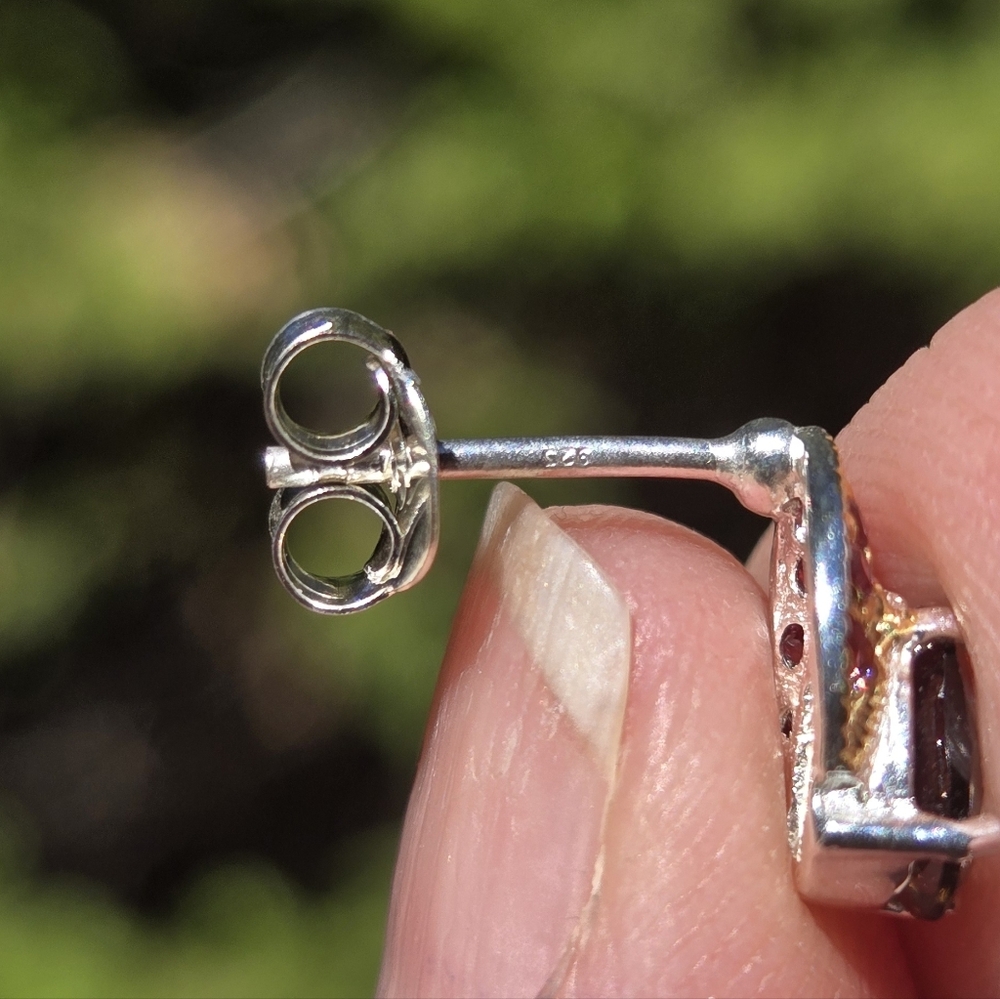 Smokey Quartz 2k & Rhodolite Natural Sterling & Gold Earrings - Picture 9 of 9